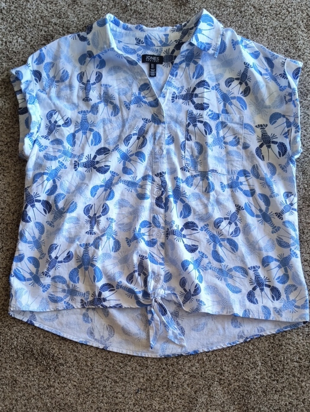 Jones New York White Button-Down Shirt with Blue Lobster Print and Tie Hem